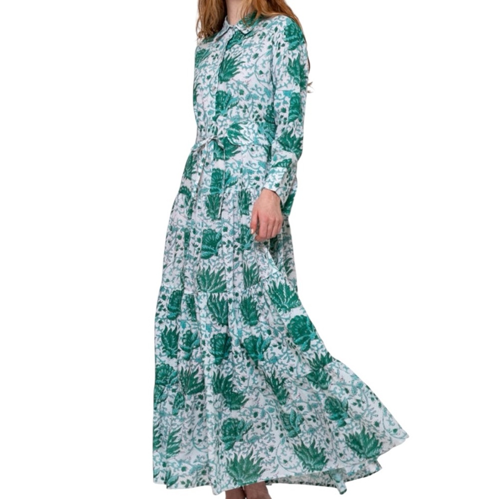 Green Floral Maxi Shirt Dress - Lightweight Long Sleeve